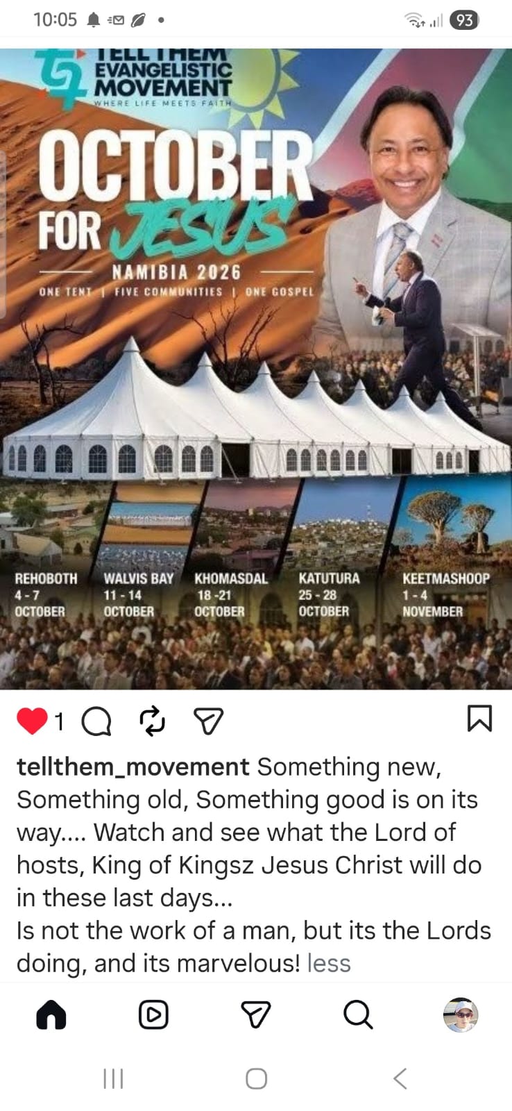 October for Jesus — Namibia 2026. Five outreach stops; the complete dates are listed alongside the poster.